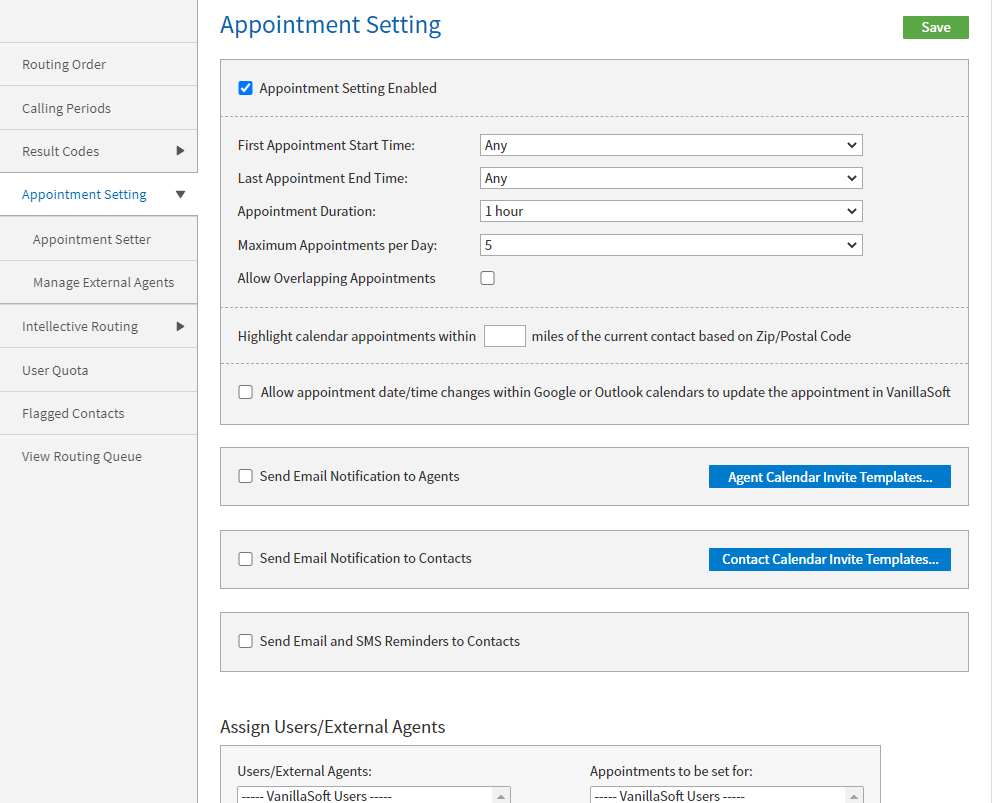 Figure 13 - Appointment Setting options